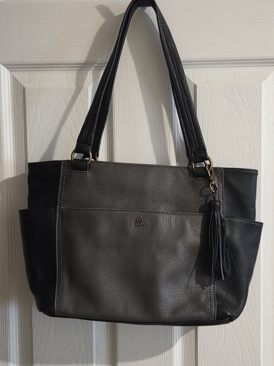 The Sak Handbags - The Sak- Ashby Pebbled Black & Gray Colorblock Leather Satchel with Tassel